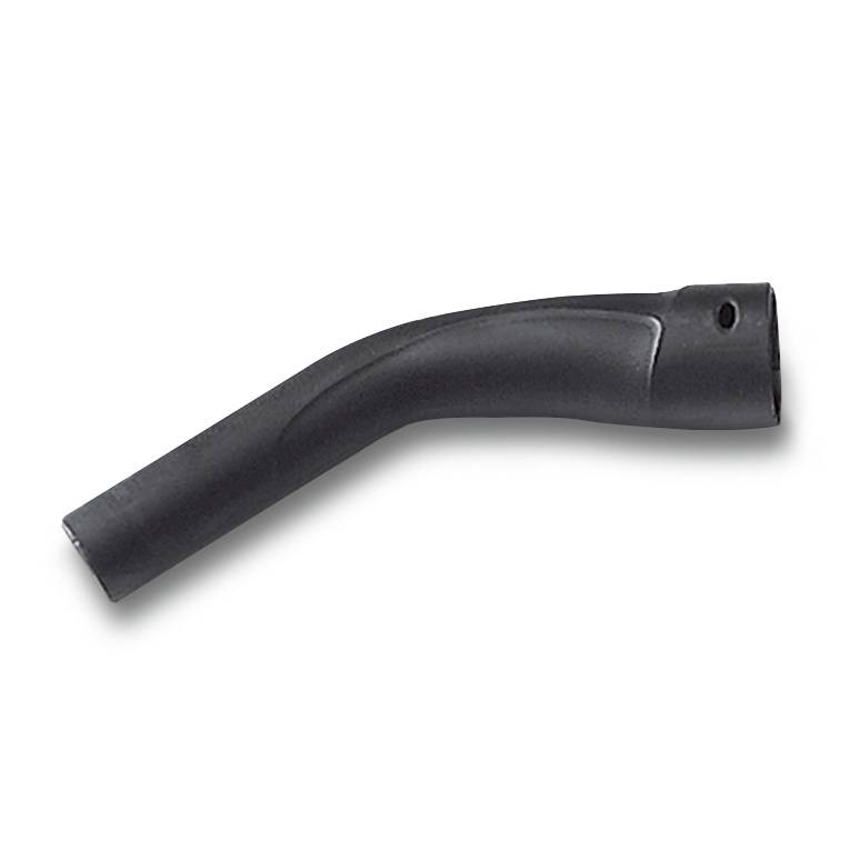 A black, slightly curved pipe section with a narrow end piece, possibly a component of a vacuum cleaner or tube system.