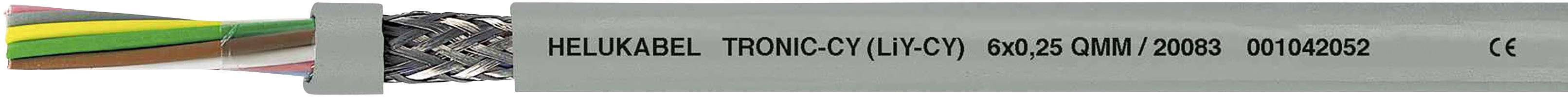 A grey cable with the marking 'HELU KABEL TRONIC-CY (LIYCY)'. Visible wire strands at one end. CE marking is present.