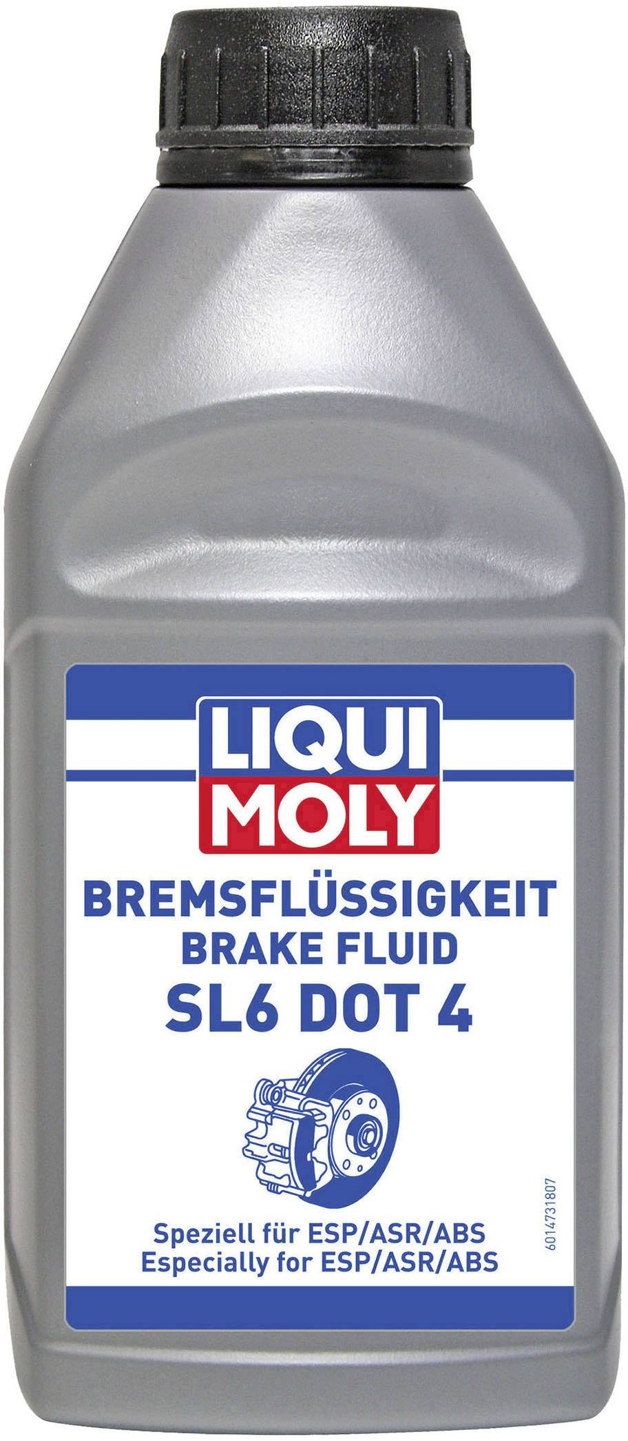 'Bottle of Liqui Moly Brake Fluid SL6 DOT 4. Specifically suitable for ESP/ASR/ABS.'Note: The translation maintains the technical terminology and provides a natural British English rendering of the original German text.