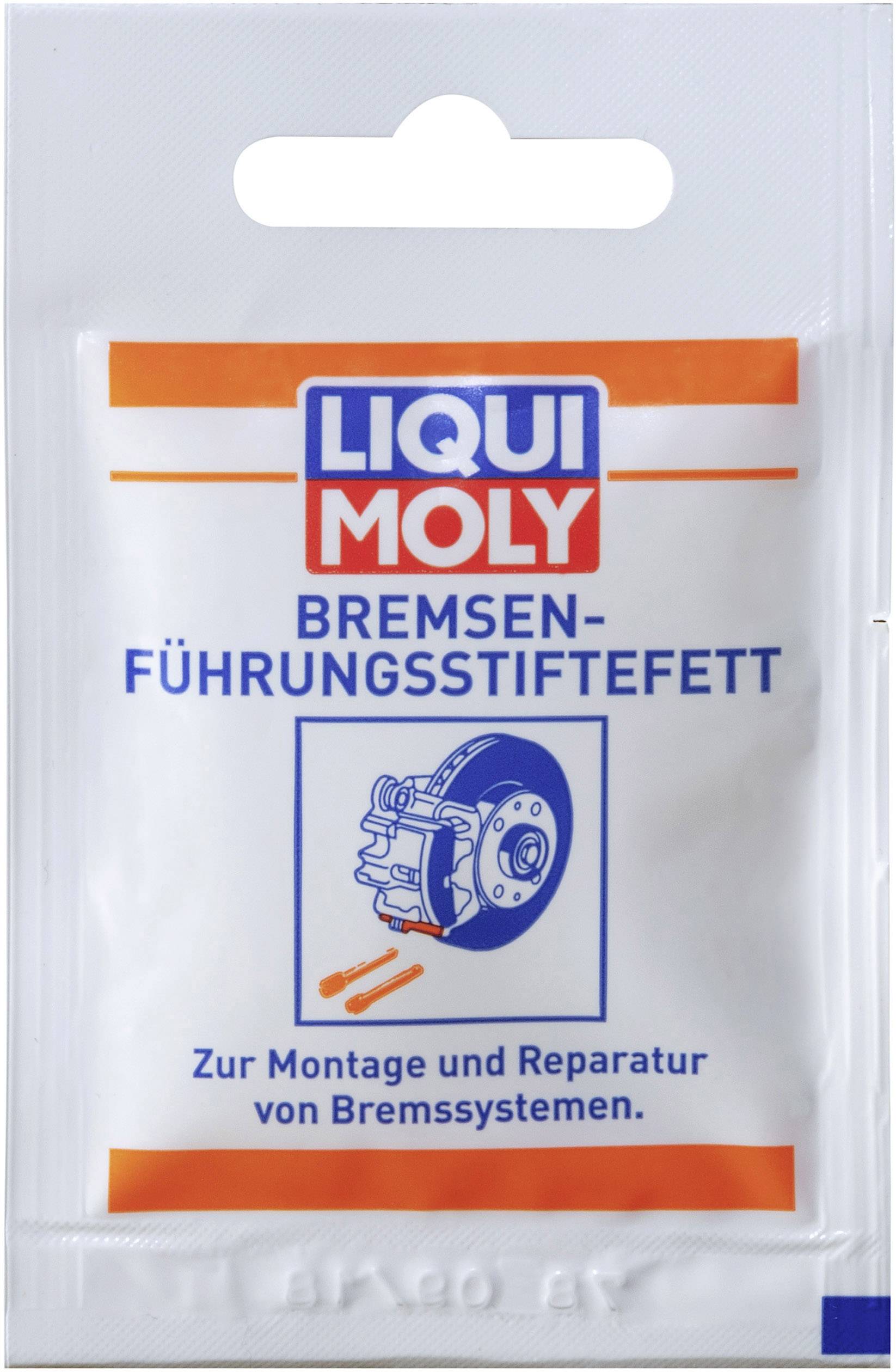 Packaging of 'LIQUI MOLY Brake Caliper Pin Grease' with an image of a brake component. Text: 'For Assembly and Repair of Brake Systems'.