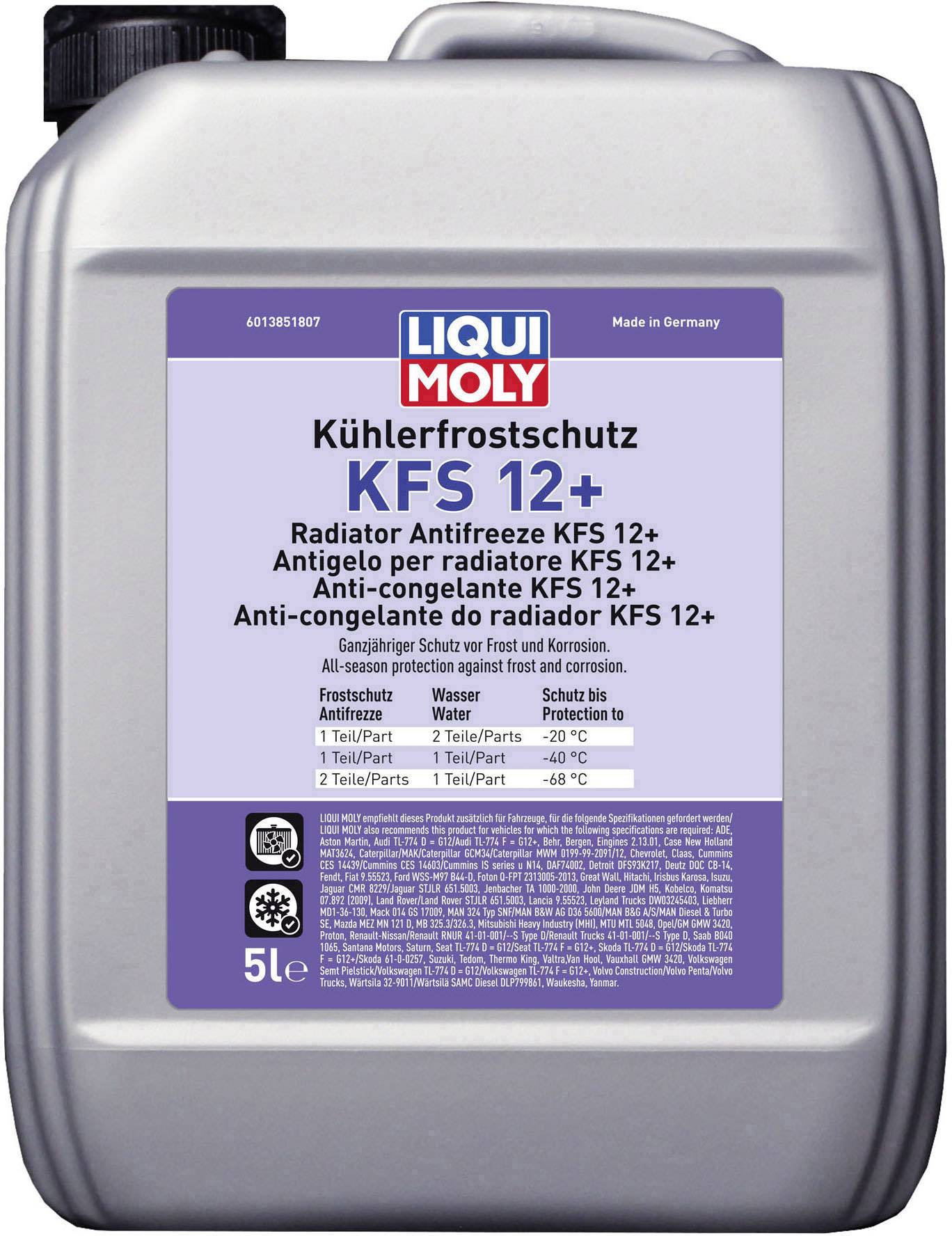 Container of coolant, Liqui Moly brand. Label: KFS 12+, protects against rust and corrosion, suitable for engines.