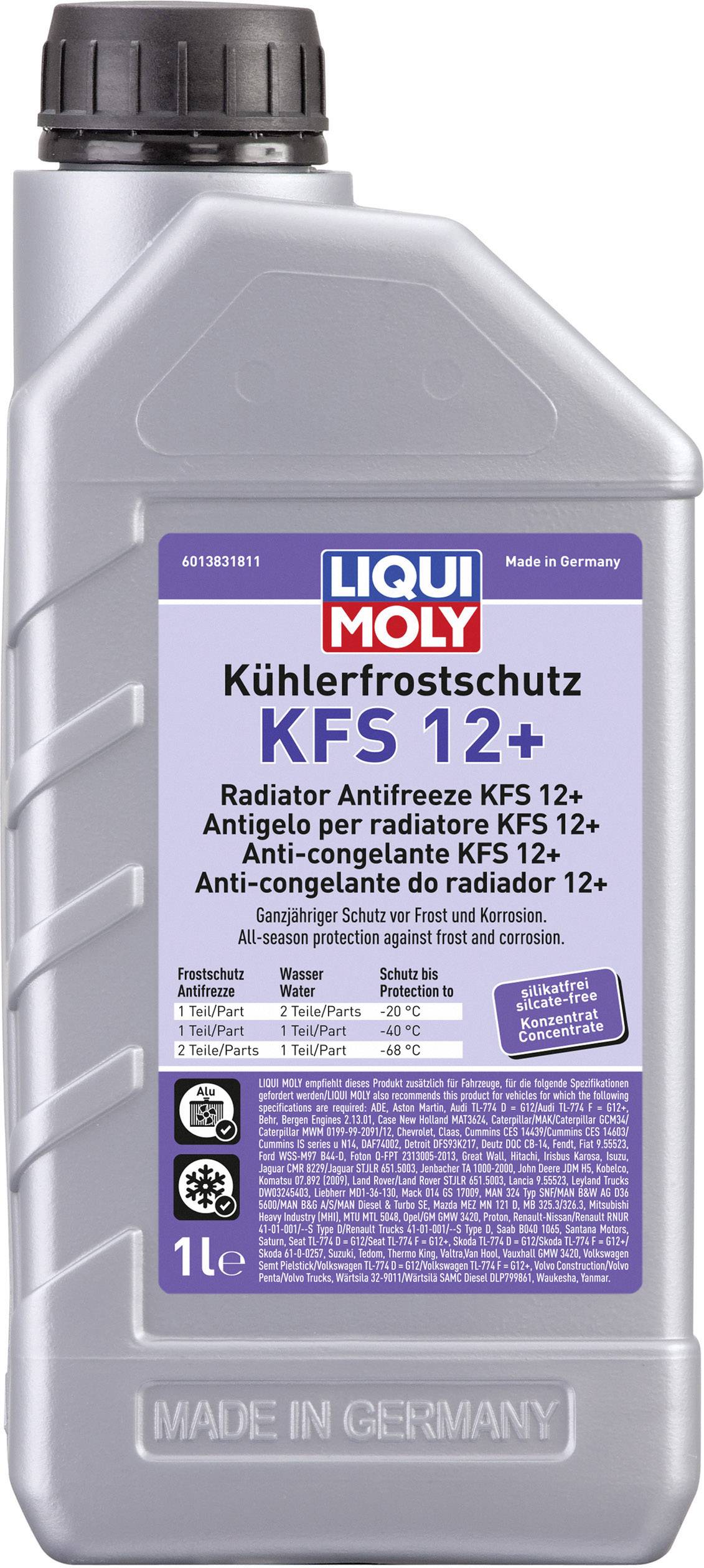 Liqui Moly Radiator Antifreeze Bottle, 1 Litre. Label: 'KFS 12+ Radiator Antifreeze'. Made in Germany.