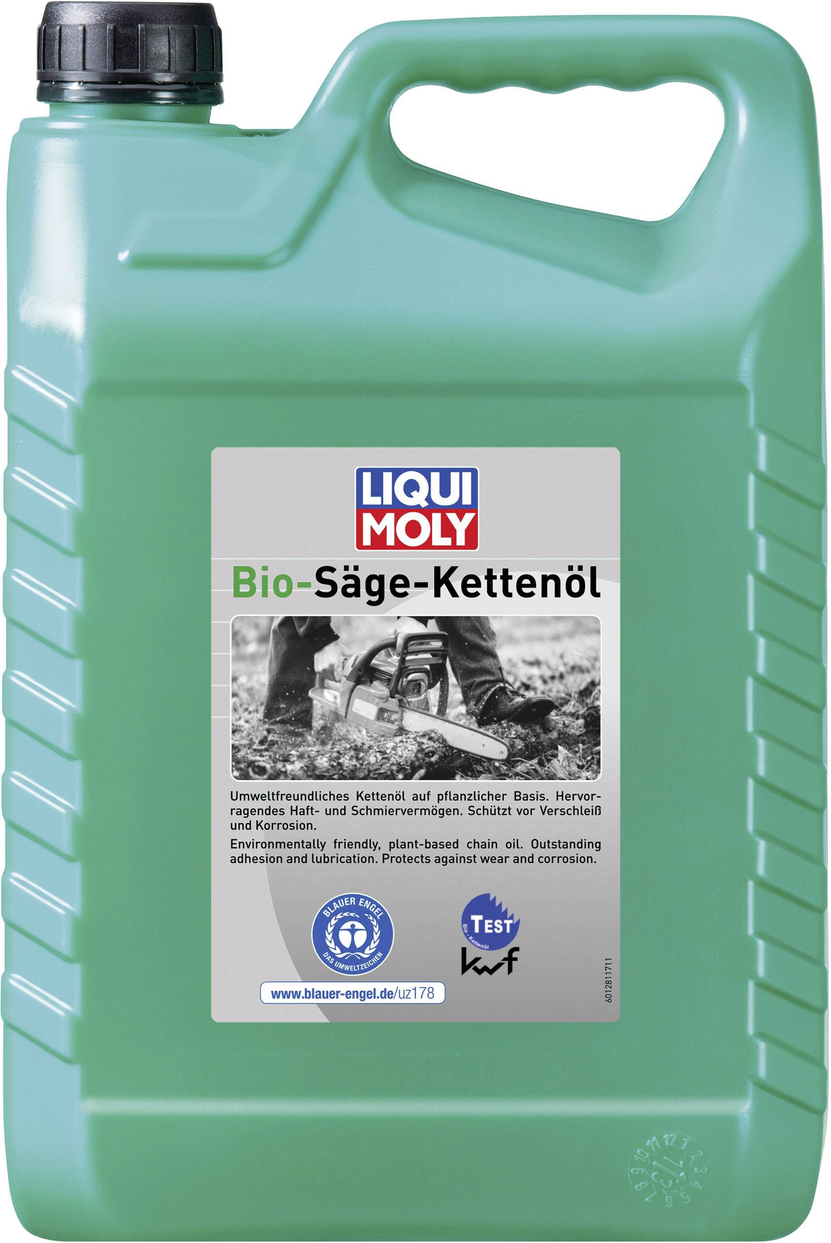 'Liqui Moly Bio Chainsaw Chain Oil' in a green plastic container. Suitable for lubricating chainsaw chains, environmentally friendly.