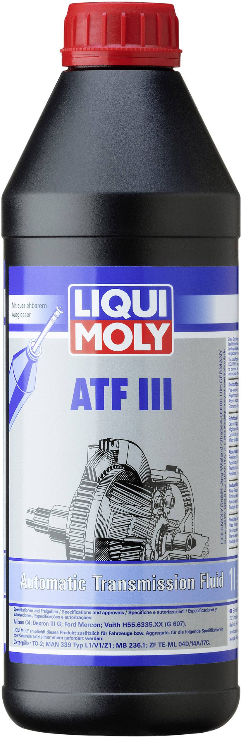 Bottle of 'LIQUI MOLY ATF III' automatic transmission fluid with screw cap, label displaying transmission graphic.