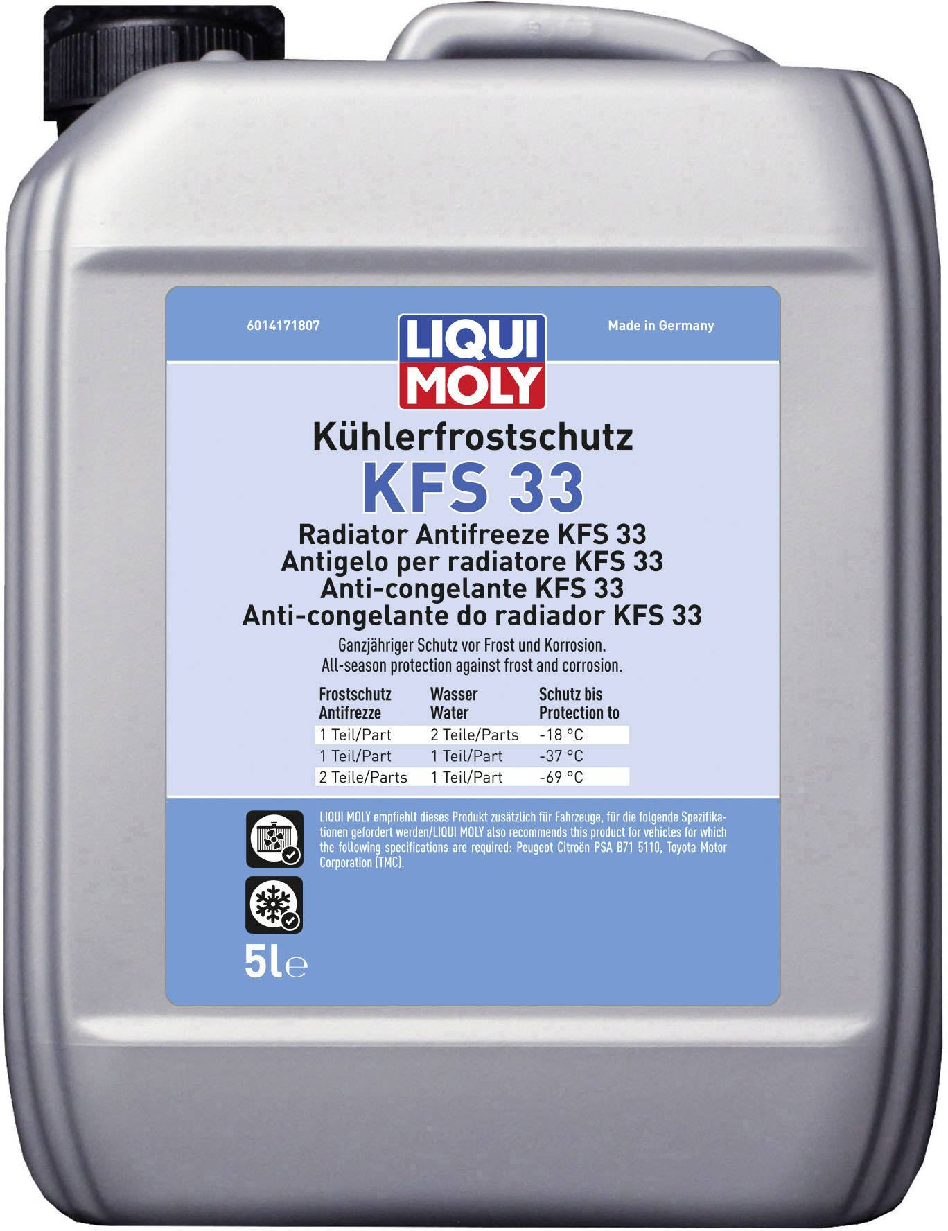 A grey 5-litre bottle with a label for 'Liqui Moly Coolant Protection KFS 33', suitable for antifreeze and corrosion protection for radiators.