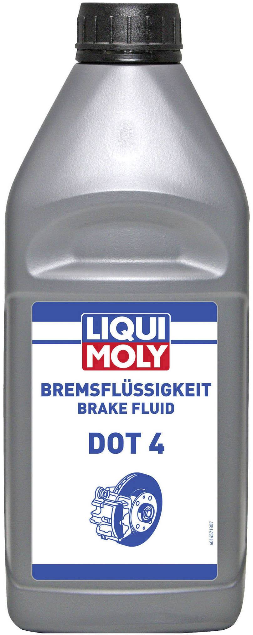 A grey bottle with a black lid, labelled 'LIQUI MOLY Brake Fluid DOT 4'. Primarily used for motor vehicles.