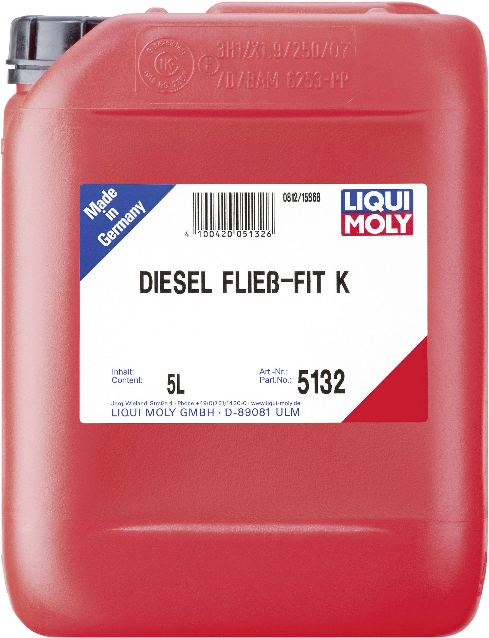 Red plastic jerry can with label 'DIESEL FLOW FIT K, 5L'. Product by LIQUI MOLY, with 'Made in Germany' indication.
