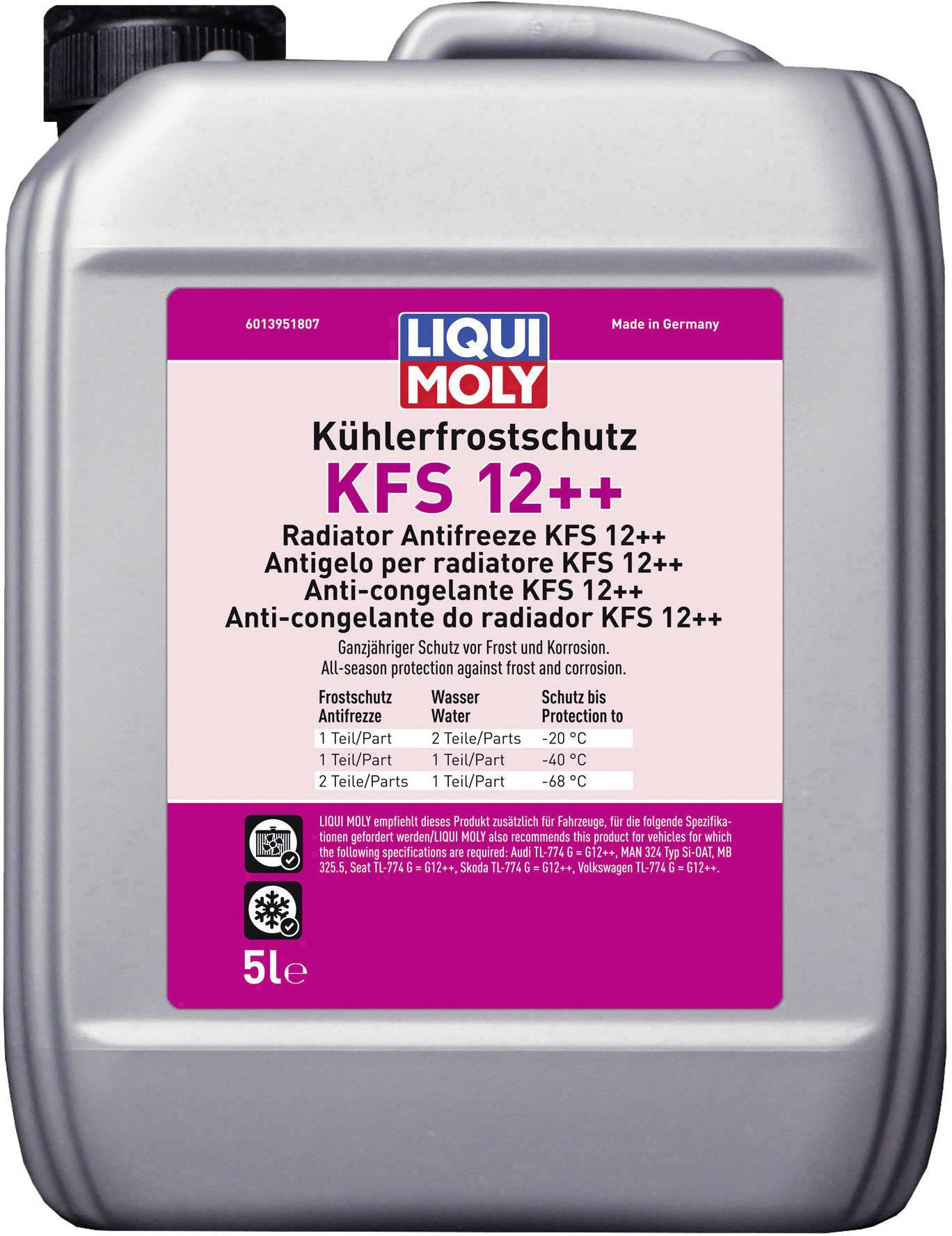 Coolant Container by 'LIQUI MOLY' with the inscription 'KFS 12++'. Contains 5 litres of antifreeze for the cooling system. Made in Germany.
