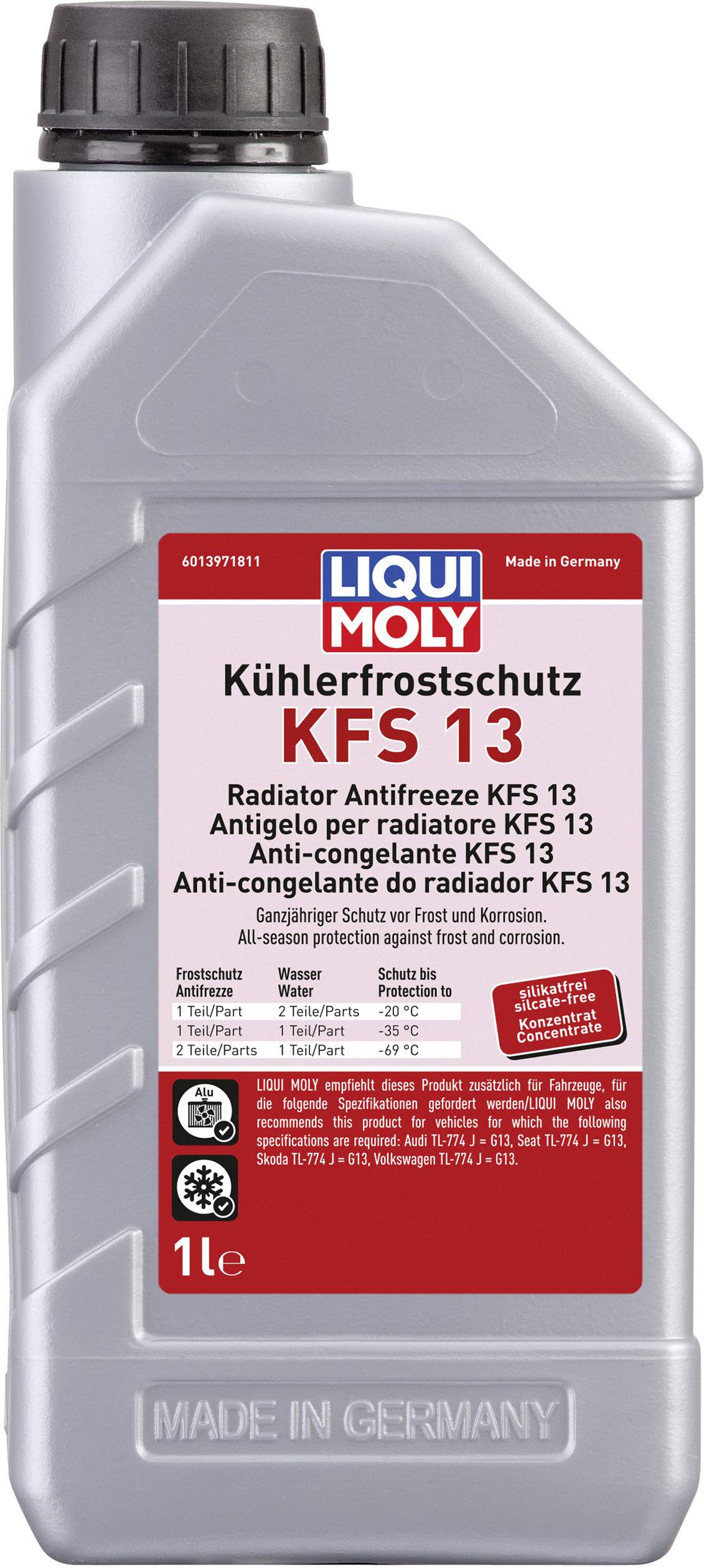A 1-litre bottle of Liqui Moly Antifreeze KFS 13 for cars, manufactured in Germany, to prevent frost and corrosion.