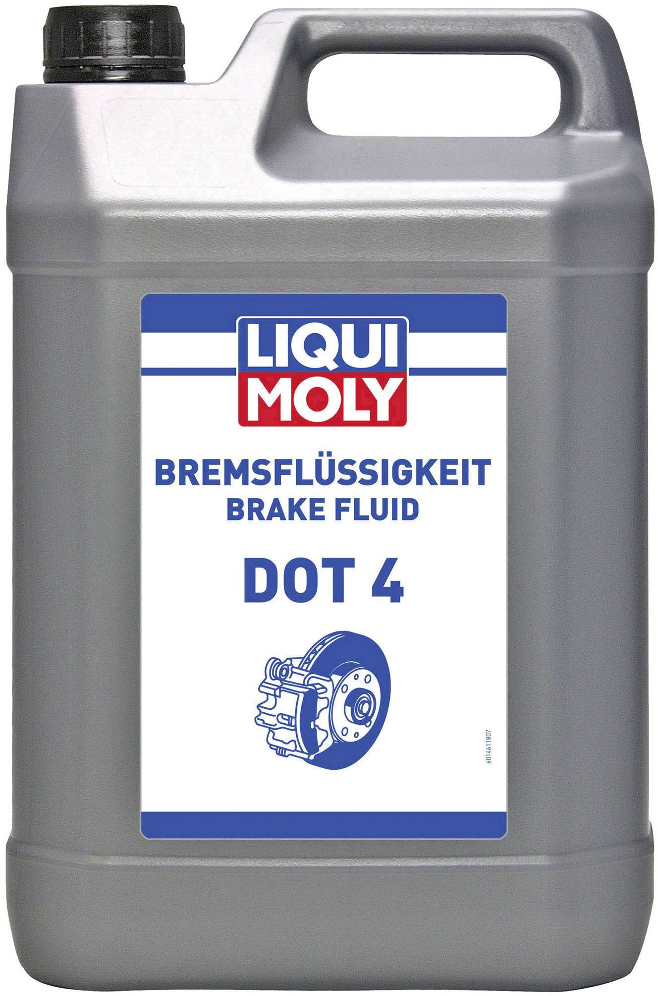 Plastic container of brake fluid by the brand 'Liqui Moly', with the inscription 'BRAKE FLUID DOT 4', featuring an illustration of a brake disc.