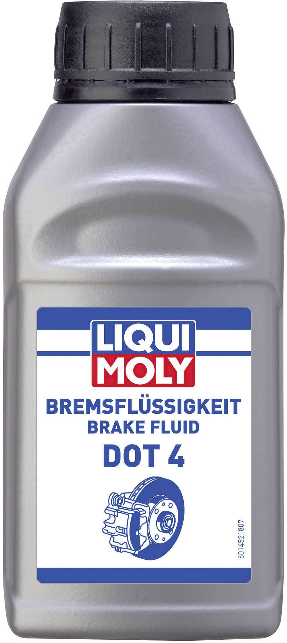 Bottle of brake fluid by LIQUI MOLY, marked as 'DOT 4'. Suitable for vehicles, ensures optimal braking performance.