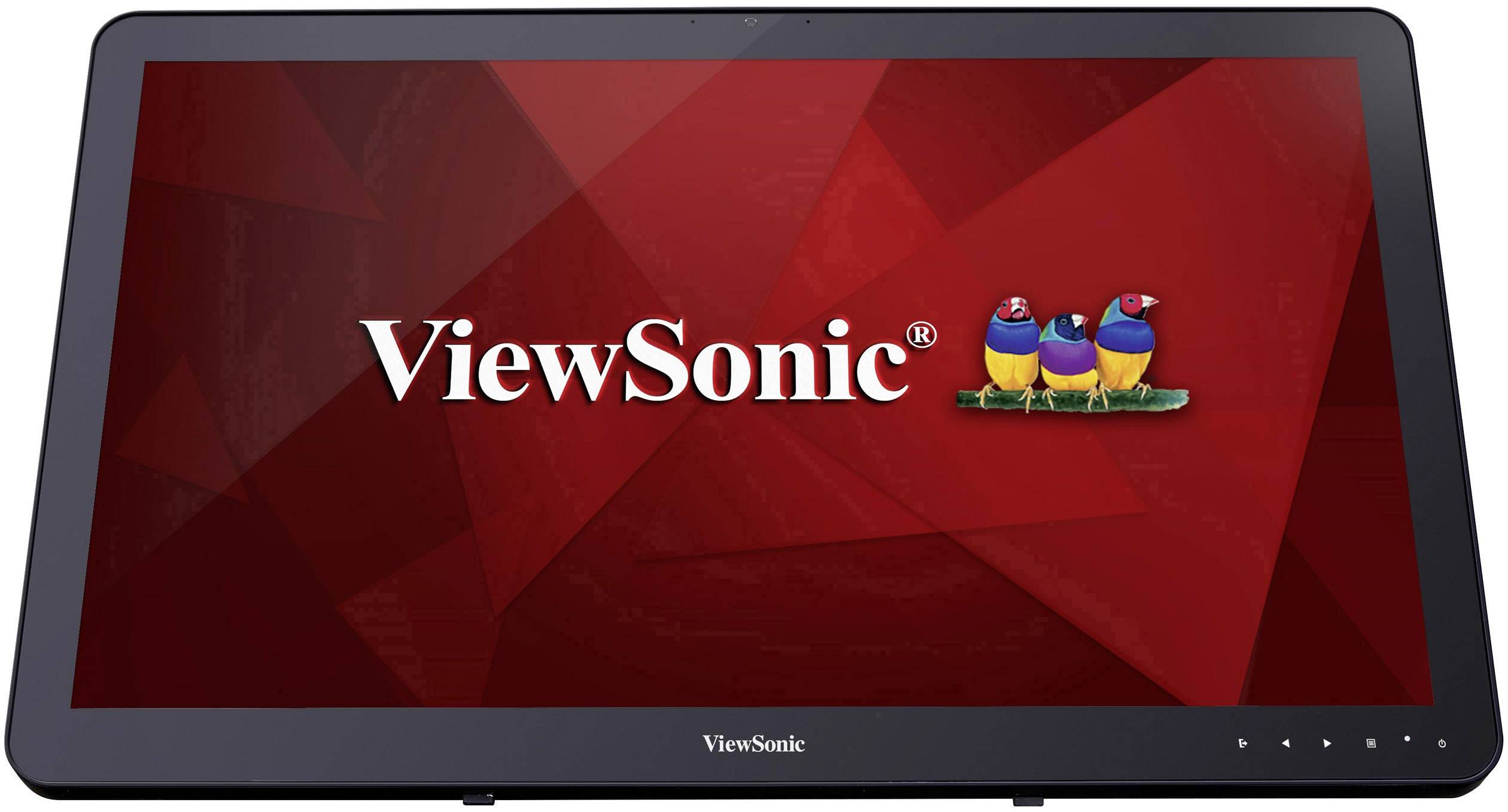 Monitor with 'ViewSonic' logo and three colourful birds on a red background.