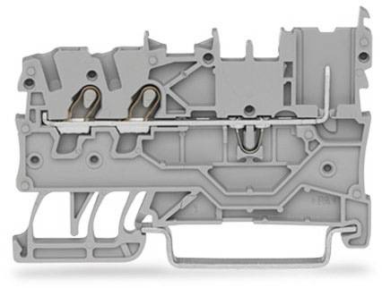 A cross-section of a grey terminal block reveals internal components and the structure for electrical connections.