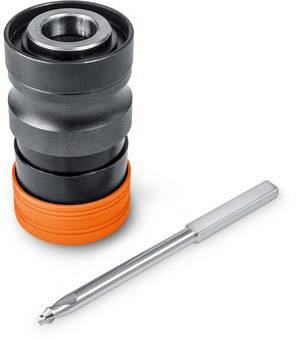 A chuck with an orange ring and a silver drill bit are lying side by side on a white surface.