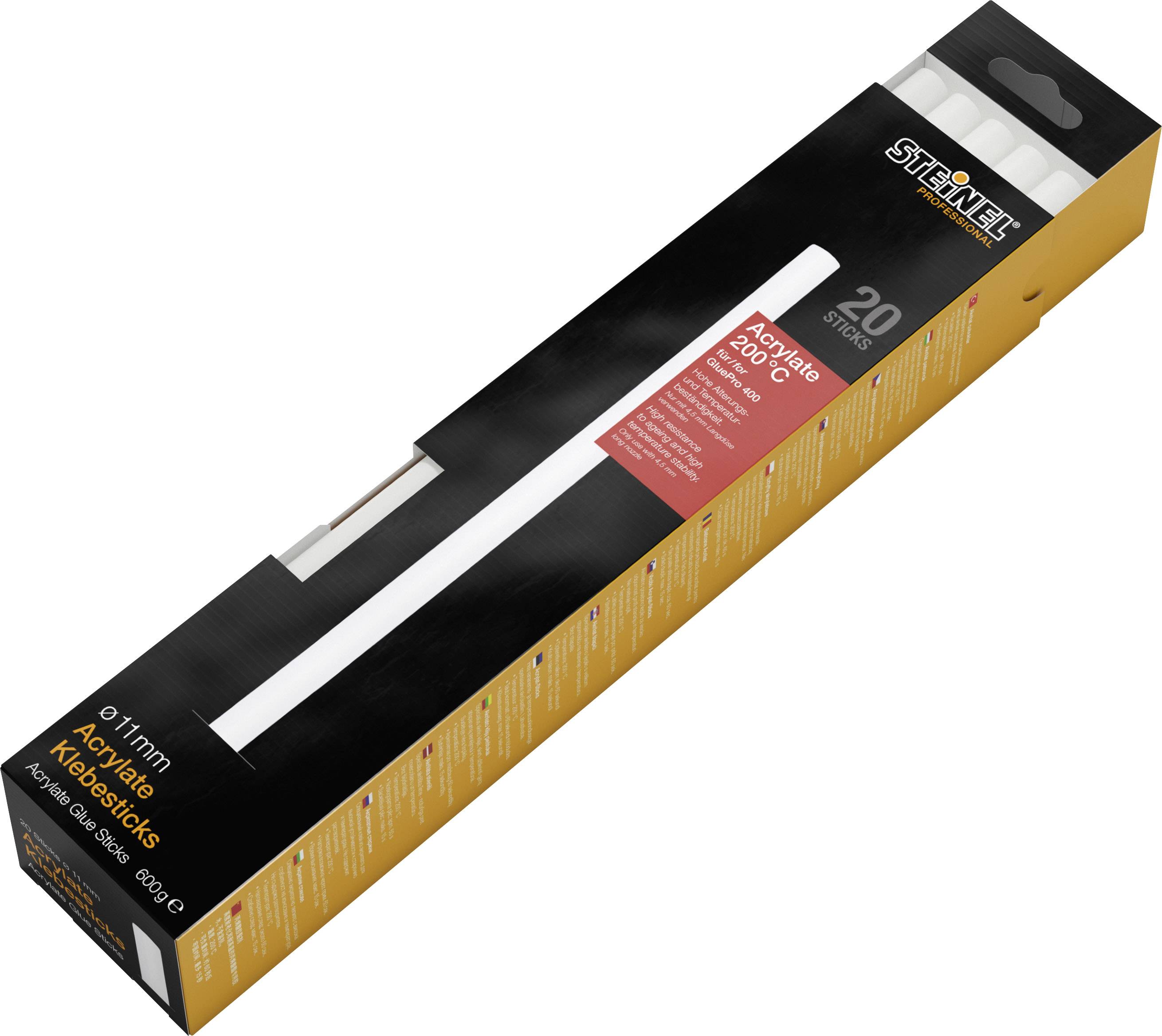 Packaging with 'Steinel Glue Sticks' text, pack of 20, colourless acrylic adhesive, diameter 11mm, suitable for temperatures up to 200°C.
