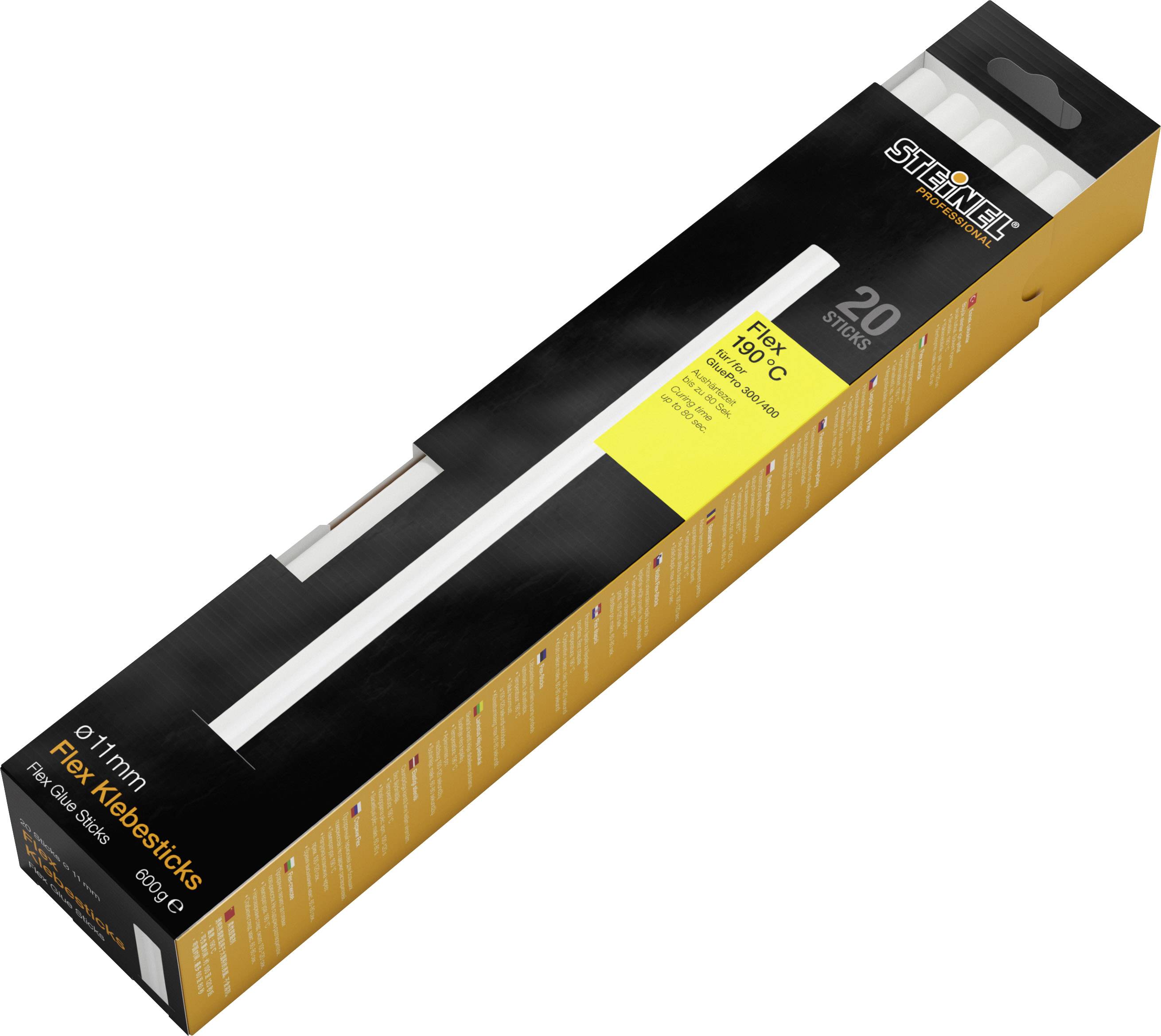 Hot glue gun adhesive sticks, 11 mm, pack of 20, Steinel brand. Black design with yellow label and product information.