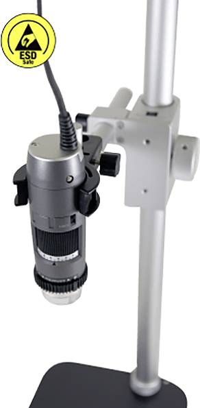 A digital microscope on a metal stand, featuring an ESD-safe label, indicating it is suitable for electronic component inspection.