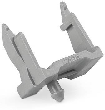 Grey plastic bridge holder; used for accommodating and securing bridges in electrical control cabinets.