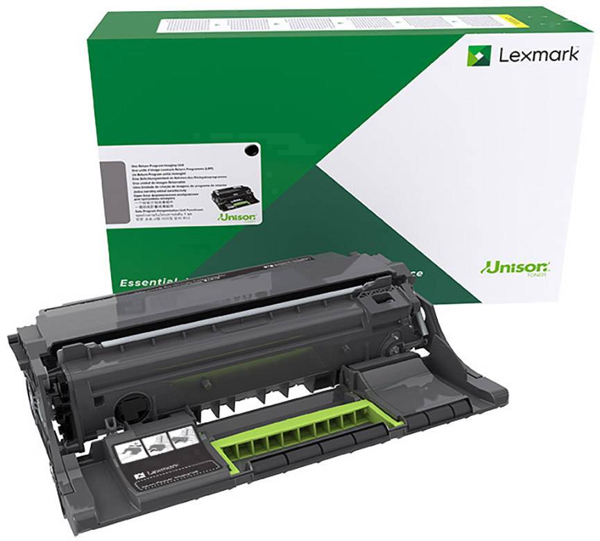 Lexmark Unison toner cartridge and packaging. The toner cartridge is black and is presented in front of a green package.