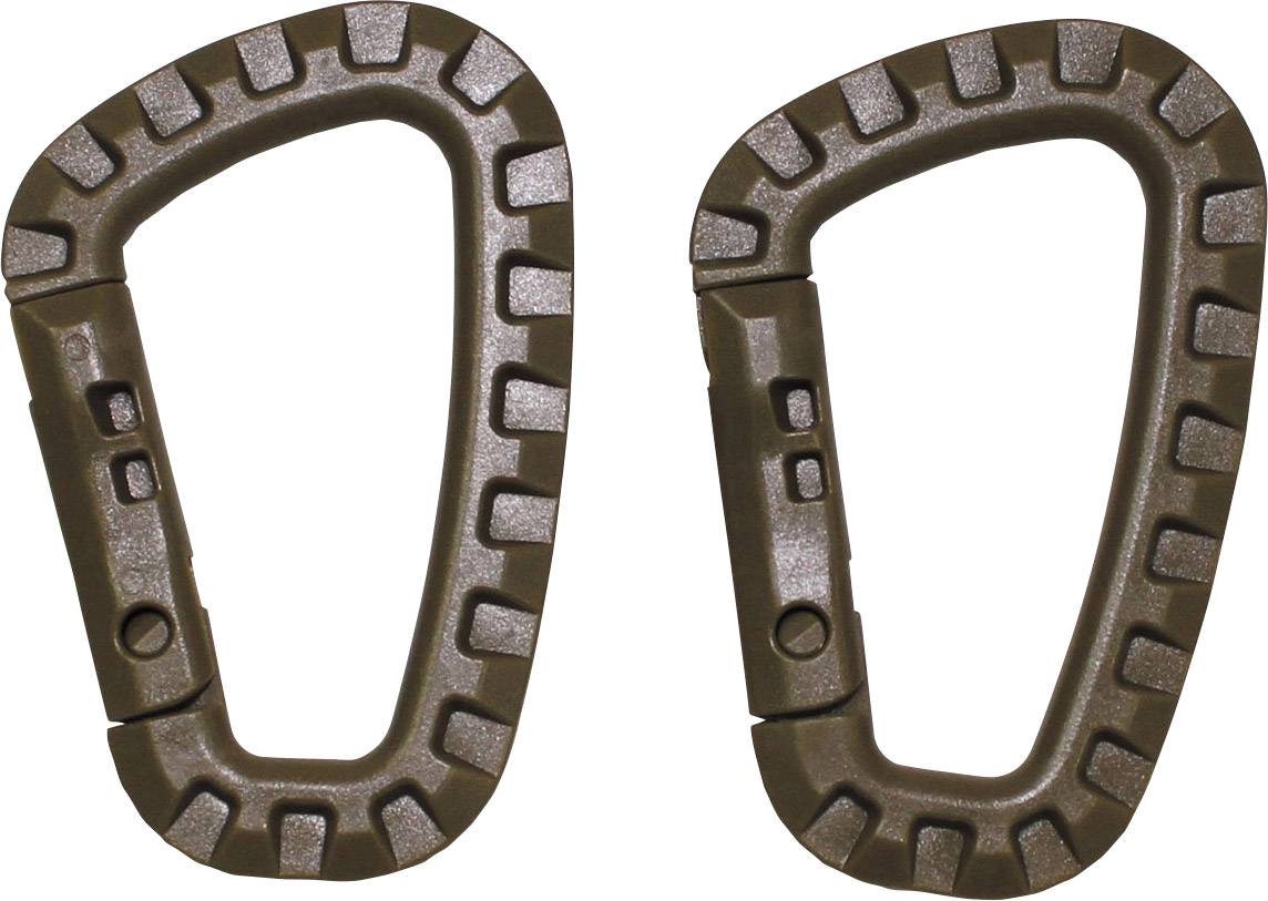 Two brown plastic carabiners side by side, with textured surfaces and a mechanical locking mechanism.