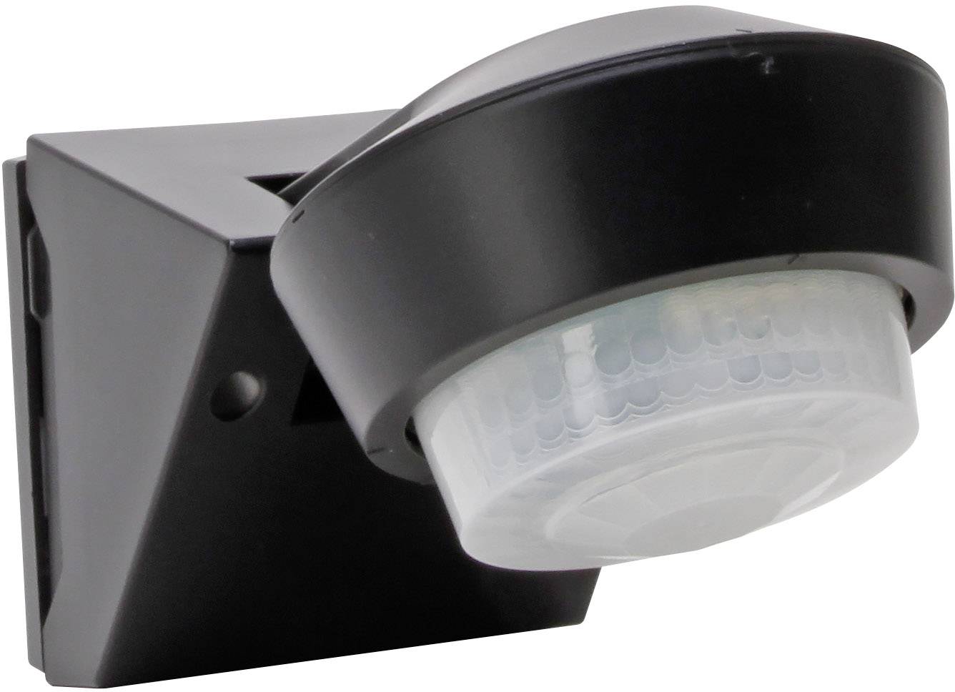 Black motion sensor with adjustable circular sensor, mounted on a square wall bracket.