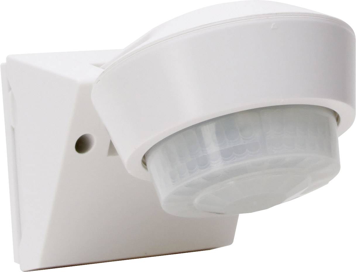 White motion sensor mounted on a wall bracket, with a circular sensor, designed to detect movement within a room.