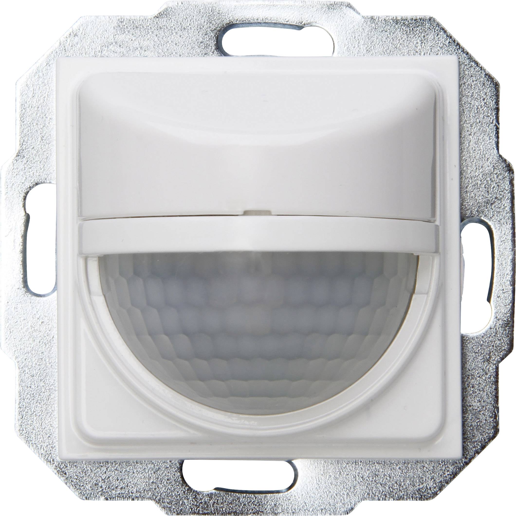 A white wall-mounted motion sensor with a honeycomb-like front, secured on a metal bracket.