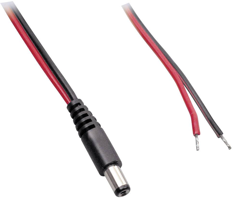 The image shows a black DC power cable with red and black wire ends.