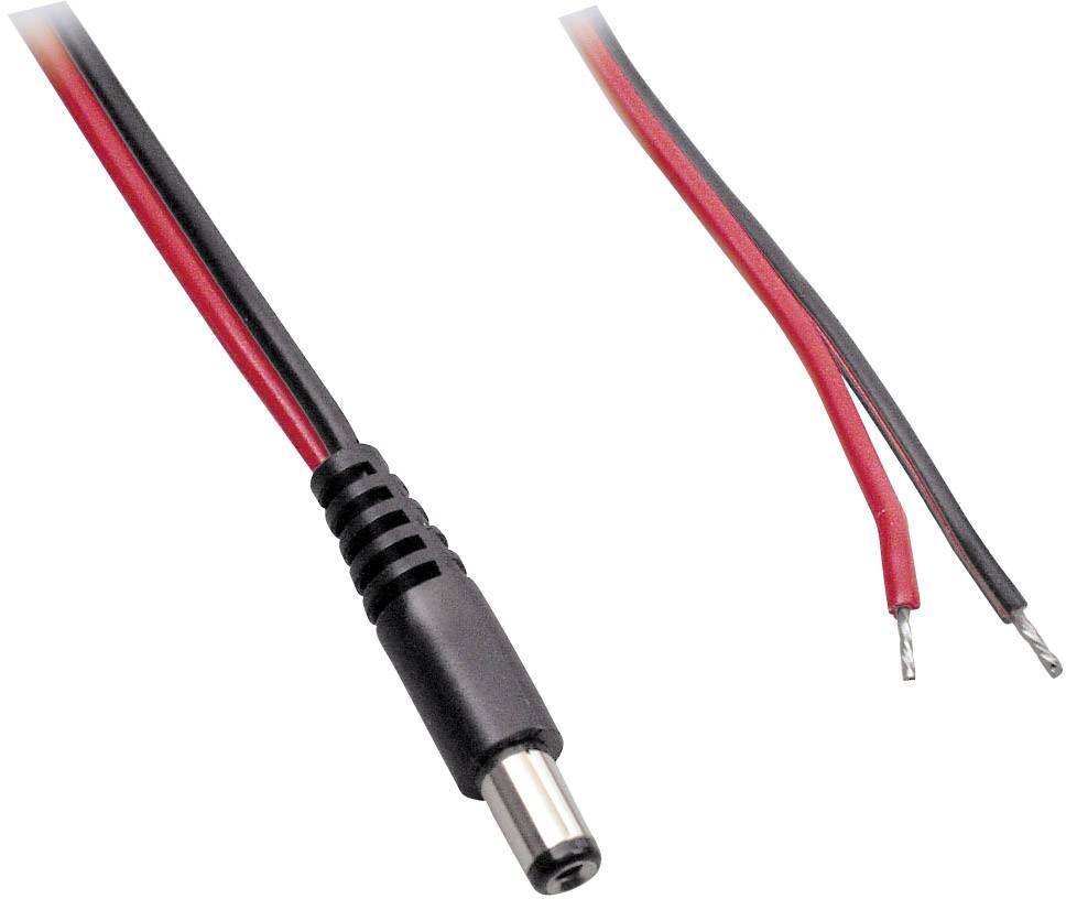 A black and red DC power cable with a plug on one side and open ends on the other side.