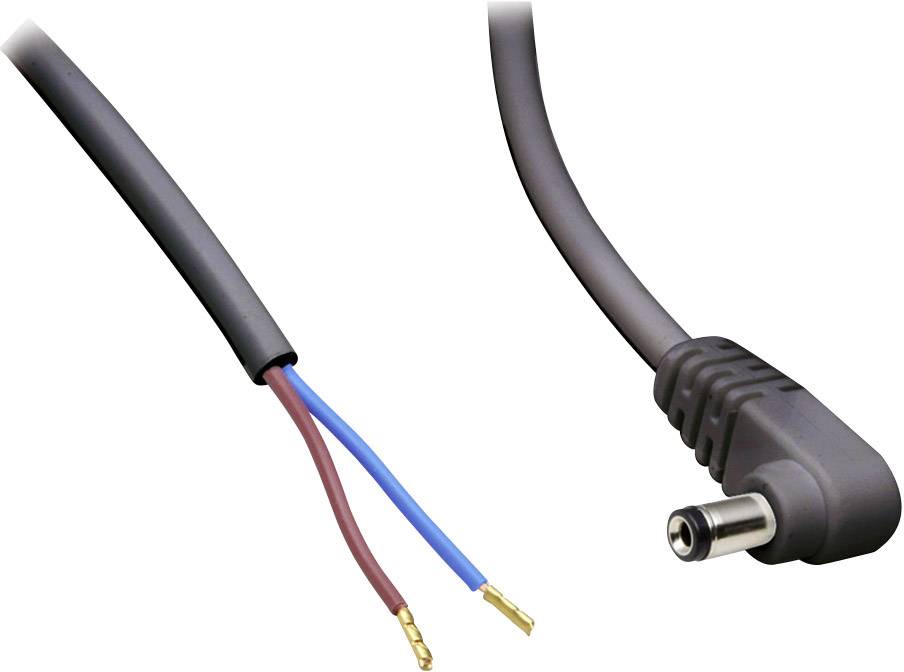 A power cable with a hollow plug on the right side and stripped cable ends on the left side.