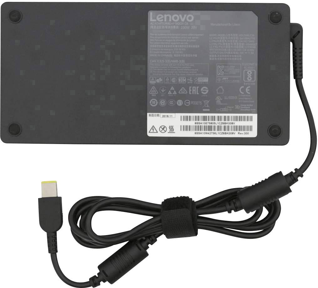A black Lenovo charger with a yellow connector, black cable, and label displaying technical specifications.