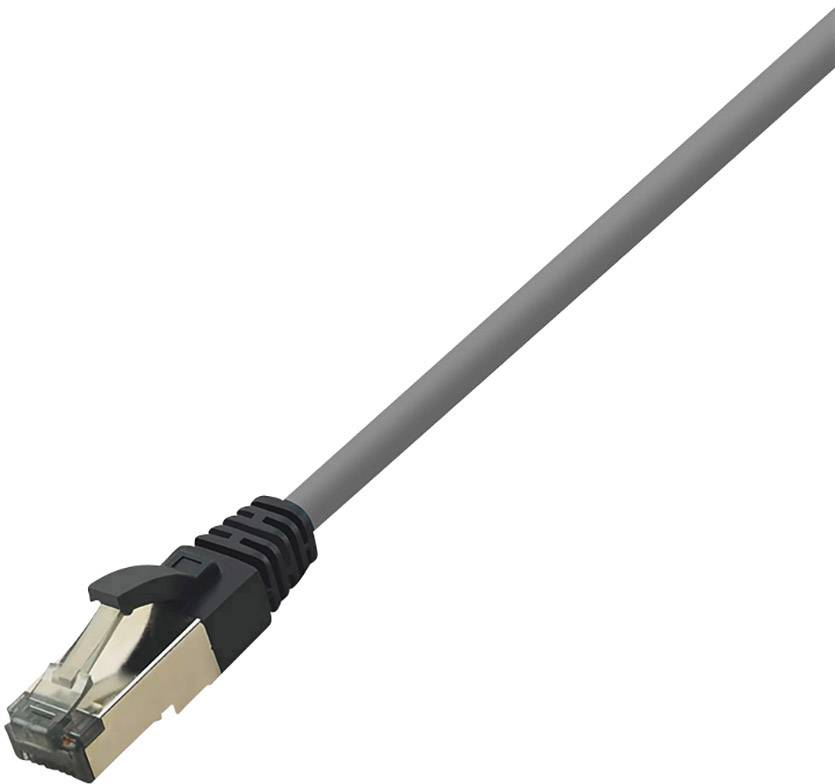 A grey Ethernet cable with an RJ45 plug, used for data transmission in networks.