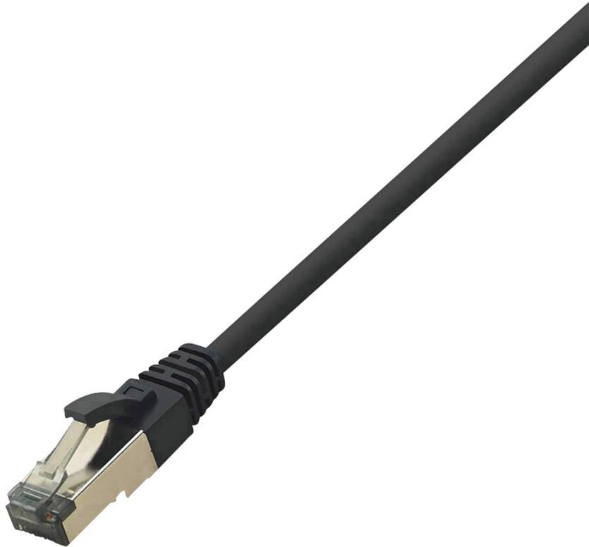 A black Ethernet cable with an RJ45 plug, used for connecting network devices.