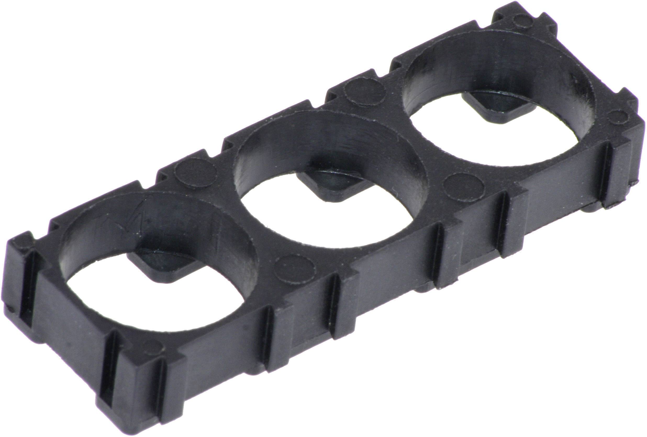 Black plastic holder with three round openings for battery cell assembly.