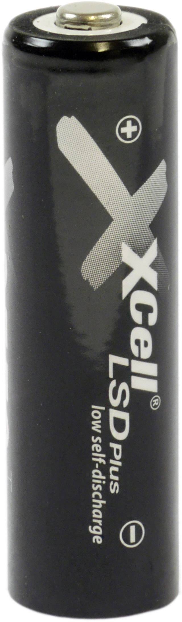 A black AA battery by XCell with the inscription 'LSD Plus' and 'low self-discharge', showing positive and negative poles.