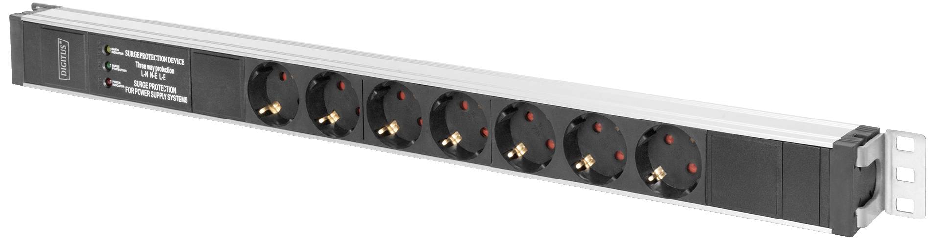 Eight-socket extension lead. Metal and plastic housing with mounting brackets for installation.
