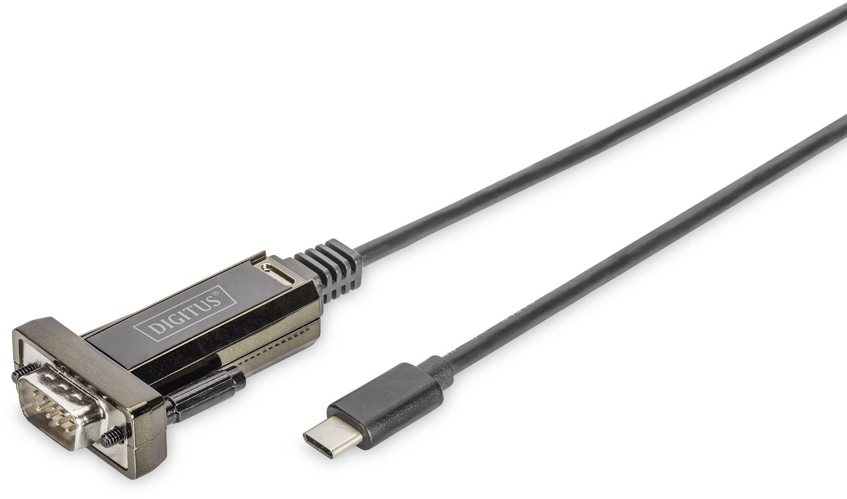 Cable with USB-C on one end and VGA plug on the other. Adapter by Digitus, enables connection between modern devices and VGA monitors.