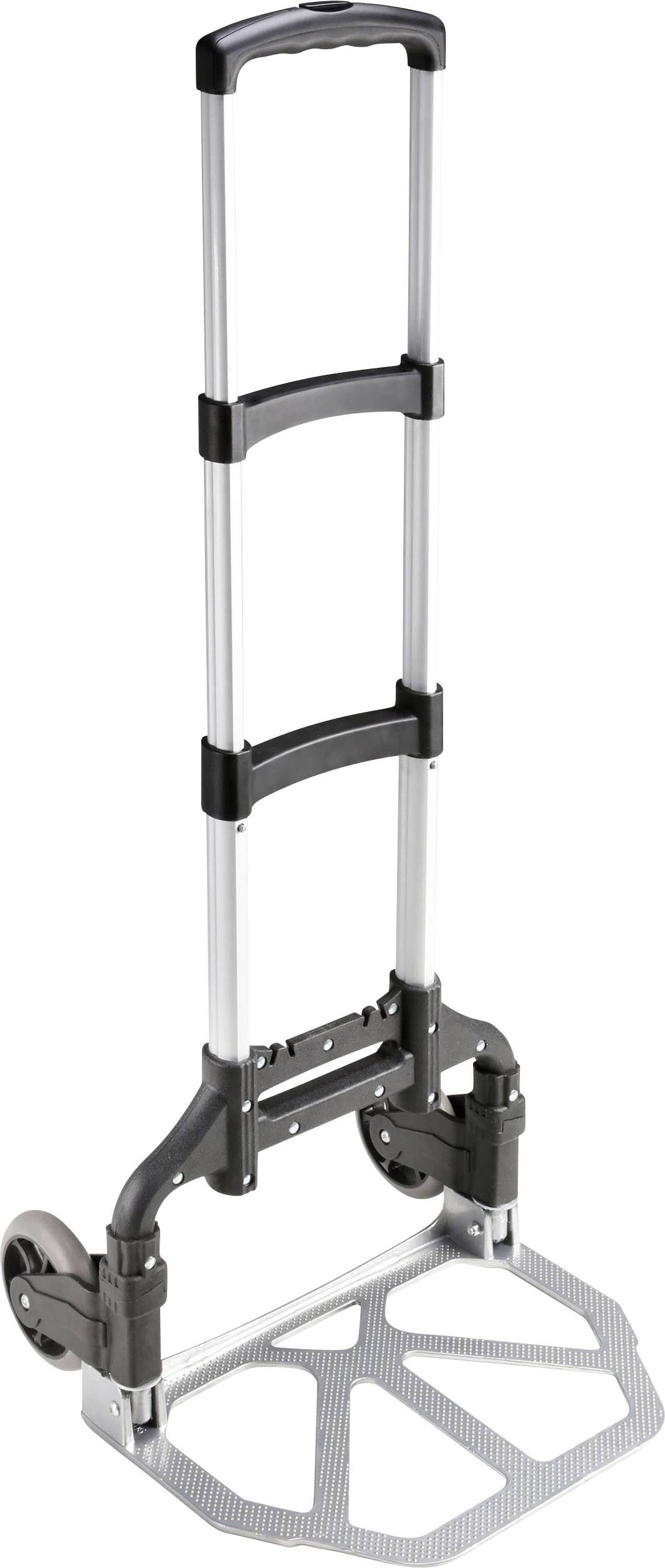 A foldable two-wheeled trolley with a telescopic handle, perfect for easily transporting heavy items.