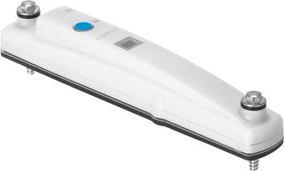 A white electric door contact with a blue button and two fixing screws.