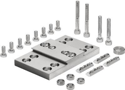 A set of metal components in various shapes and sizes, including screws, nuts, bolts and metal plates. Suitable for mechanical assemblies and constructions.