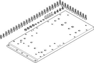 Diagram of a rectangular metal plate with holes, surrounded by screws and bolts, for assembly instructions or technical specification.