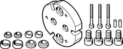 Technical drawing of an assembly kit: A circular plate, several screws, bolts and washers are shown.