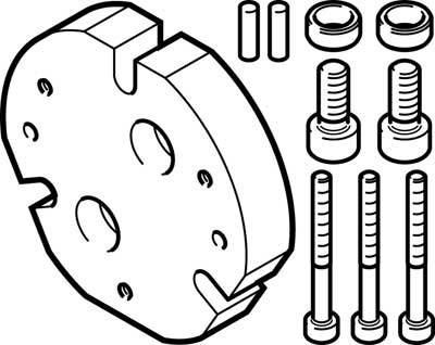 Technical drawing of an assembly kit with four screws, two bushings and a circular plate with three holes and recesses.