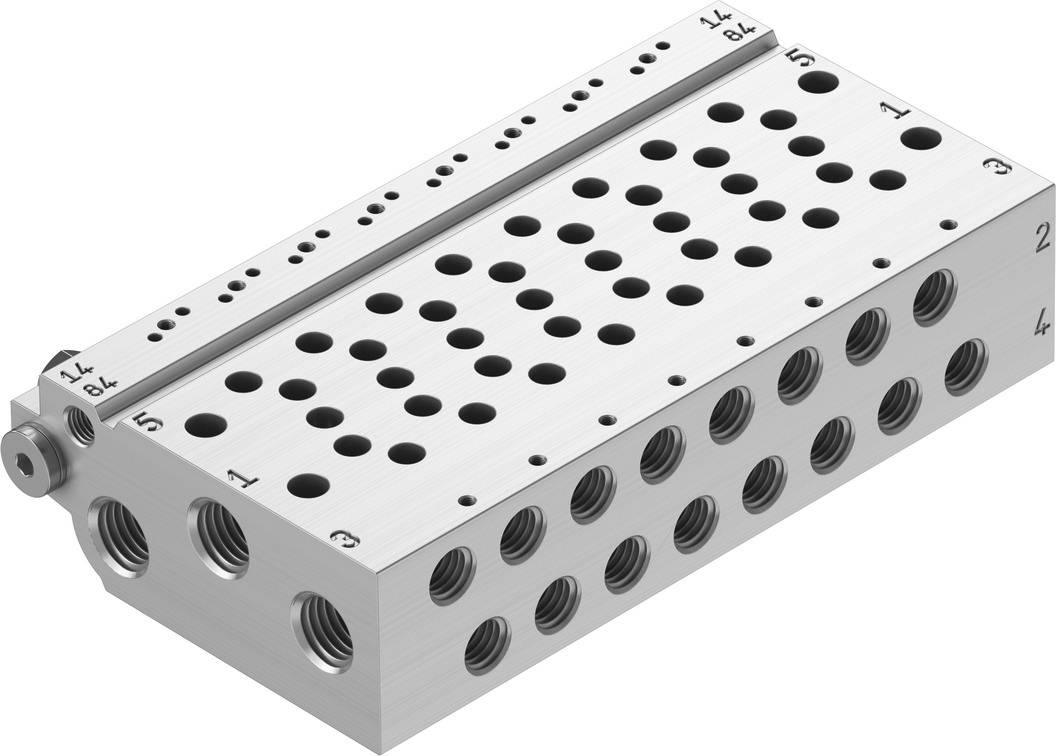 Metallic valve housing with multiple connection openings and markings on the surface, used in hydraulic systems.