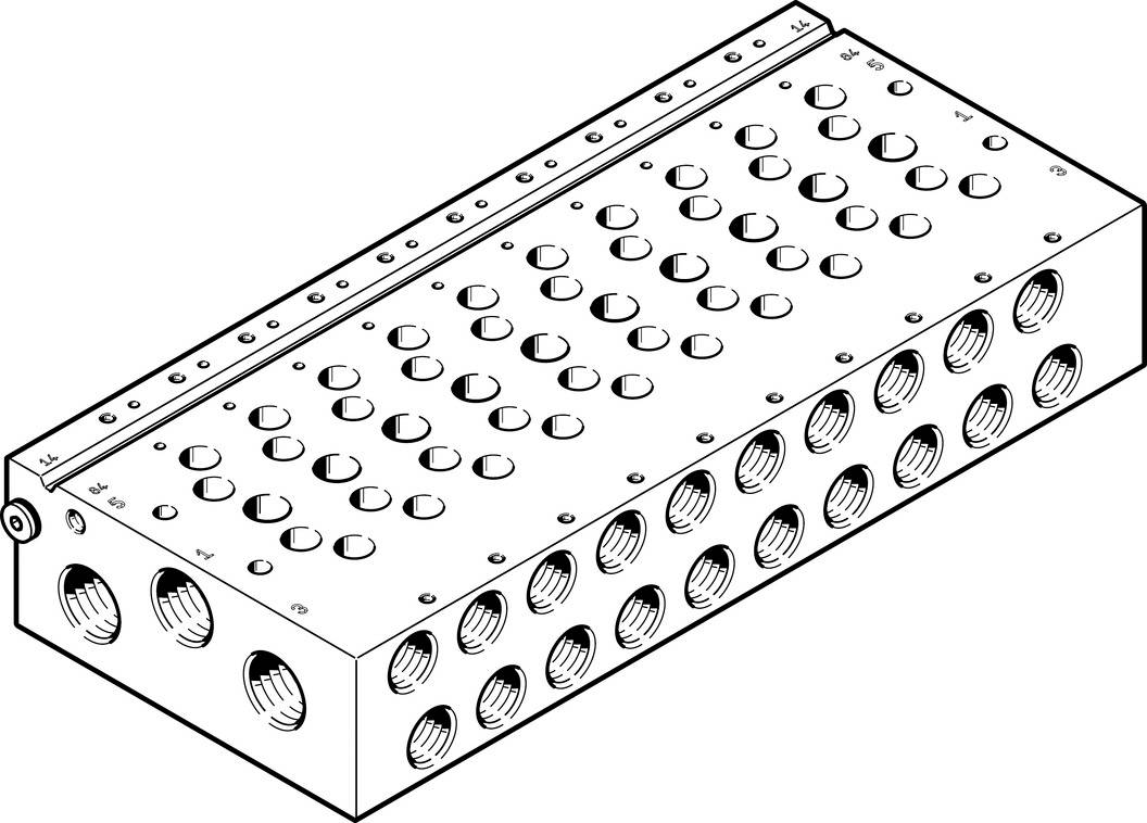 A rectangular metal block with several round holes and connections, presumably a hydraulic manifold for controlling liquids.