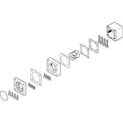 Exploded diagram of a mechanical component with screws, housing and seals. Illustrates the arrangement and sequence of assembly.