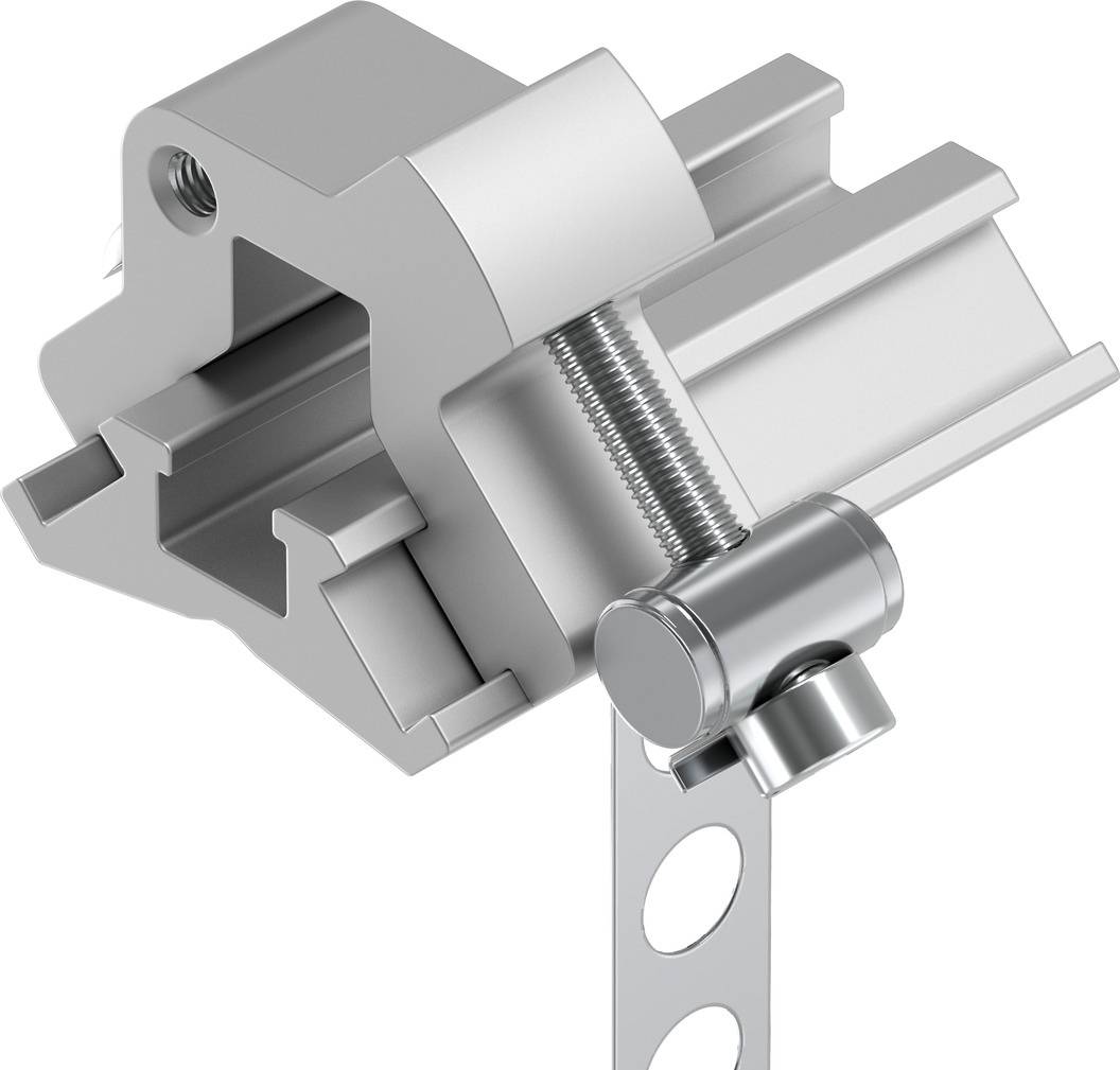 Metal clip with screw mechanism and perforated mounting strip, likely used for assembly purposes.