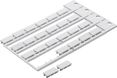 A set of white plastic covers and plates on a rectangular frame. They are intended for use in electrical junction boxes.