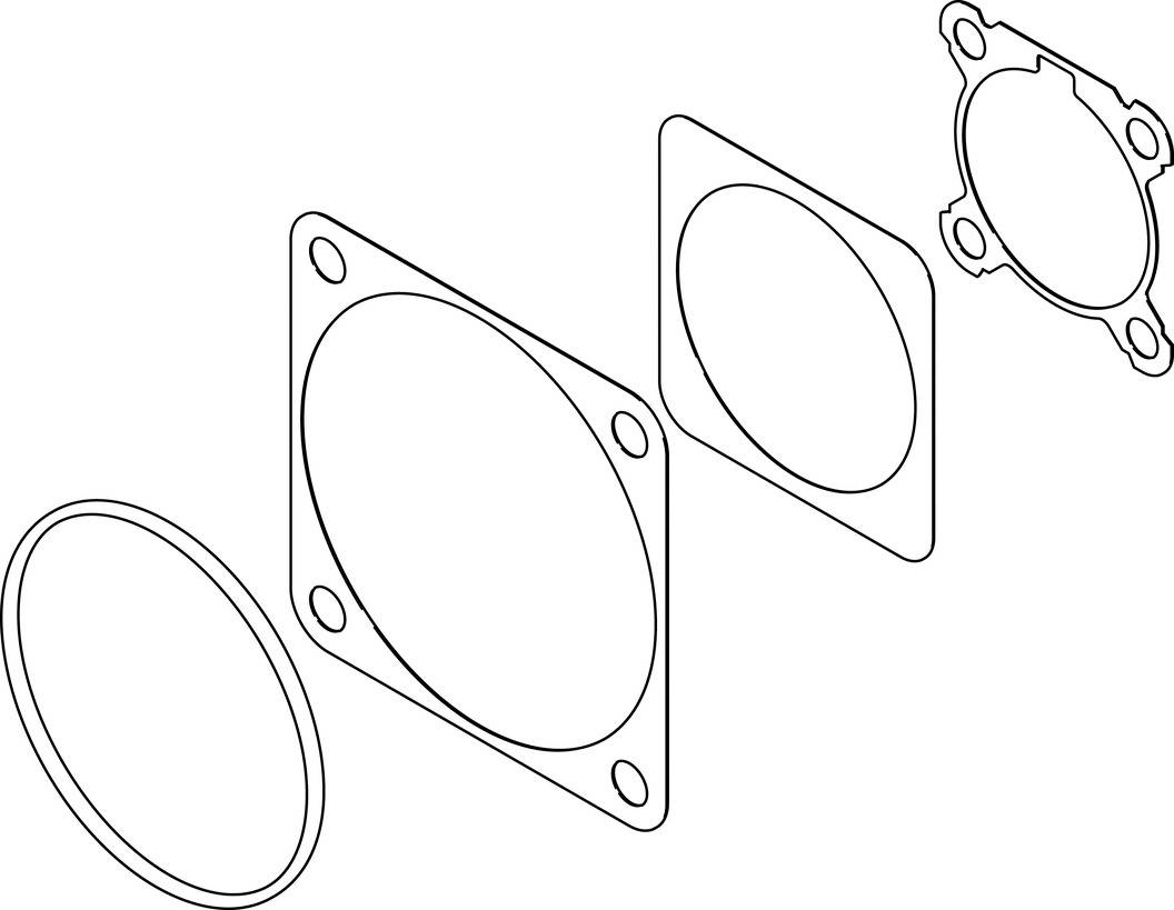 Exploded diagram of a seal. Four different layers: two circular seals and two square plates with holes.