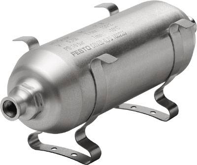 A silver pressure storage device with four mounting brackets, standing upright.